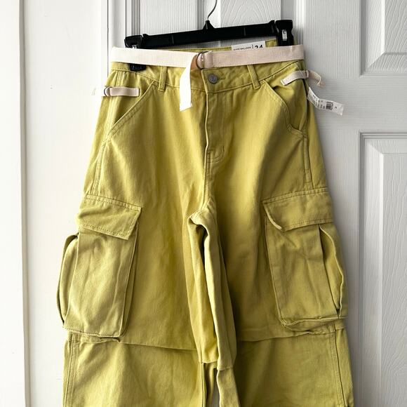 PacSun NWT Jayde Balloon Cargo Yellow Baggy Pants Waist 24 New With Canvas Belt - Picture 4 of 14